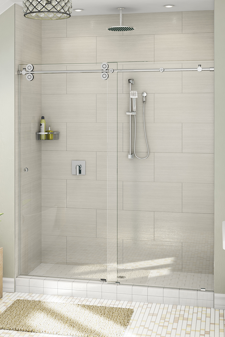 This bathroom has heavy glass bathroom doors