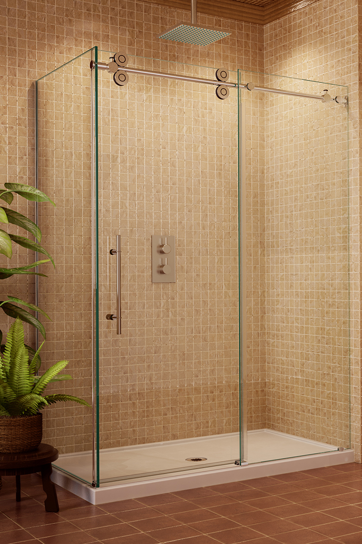 White bathroom heavy shower doors