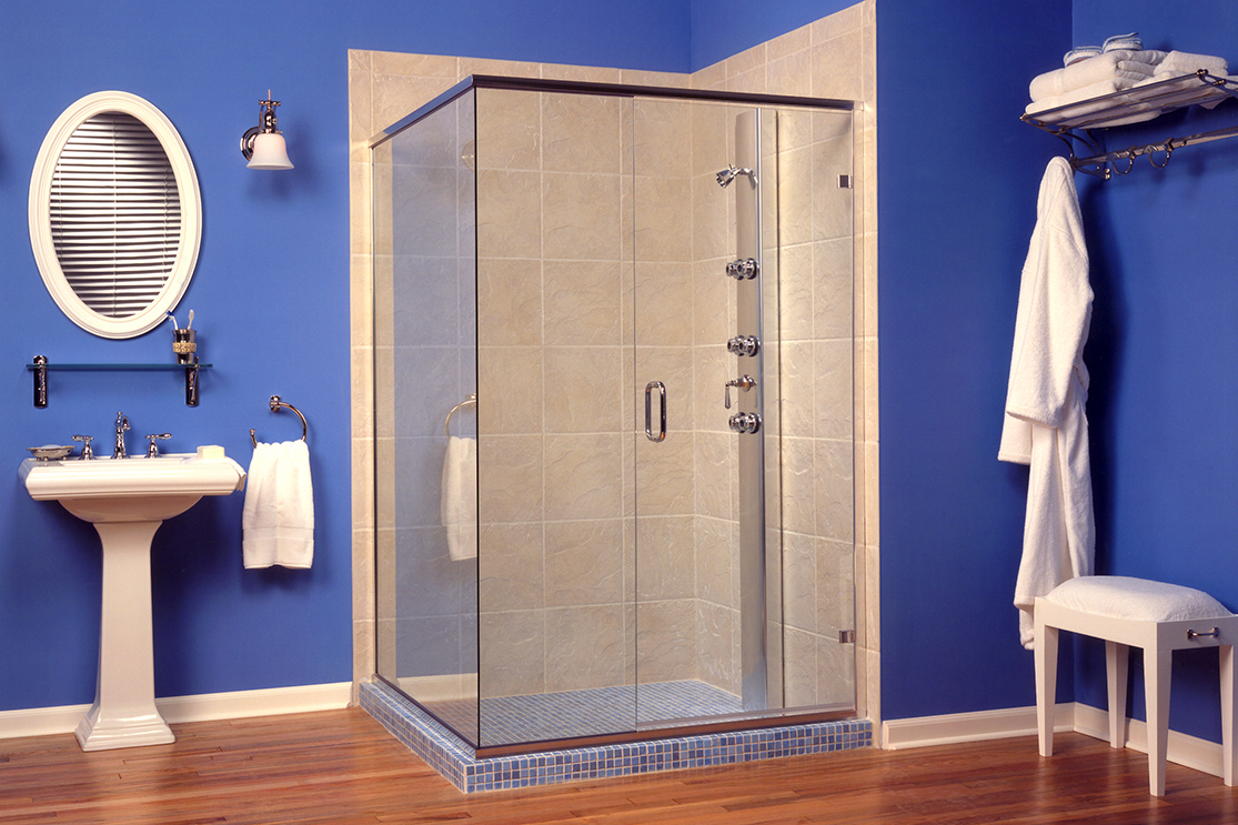Blue bathroom standard shower door